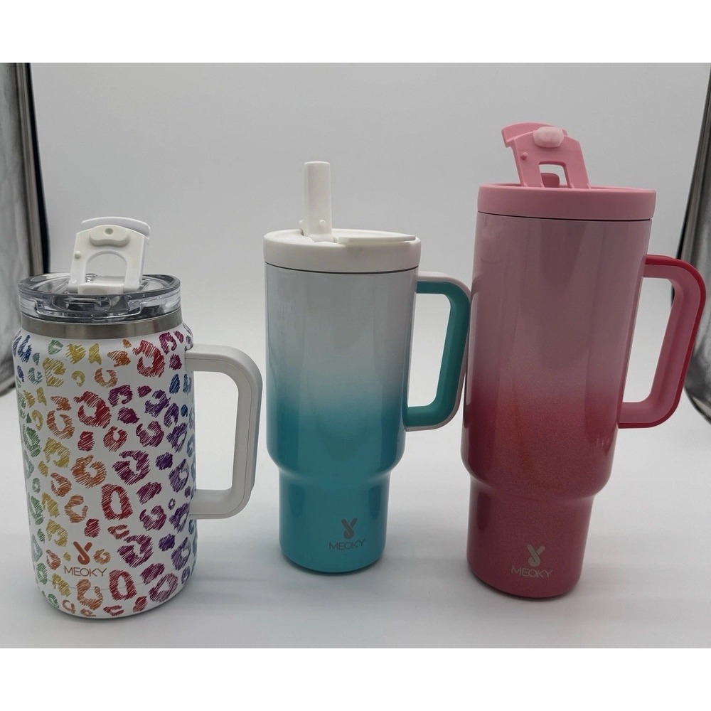 Lot Of 3 Meoky Insulated Tumblers Leopard‎ Print Pink Blue Handles
